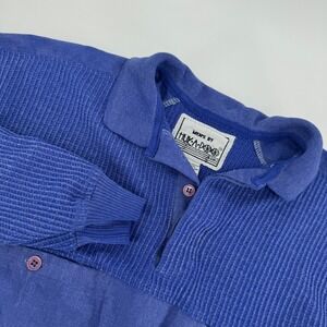 Vintage 90s Huka Doo Blue Ribbed Long Sleeve Collared Pullover Shirt Mens Small